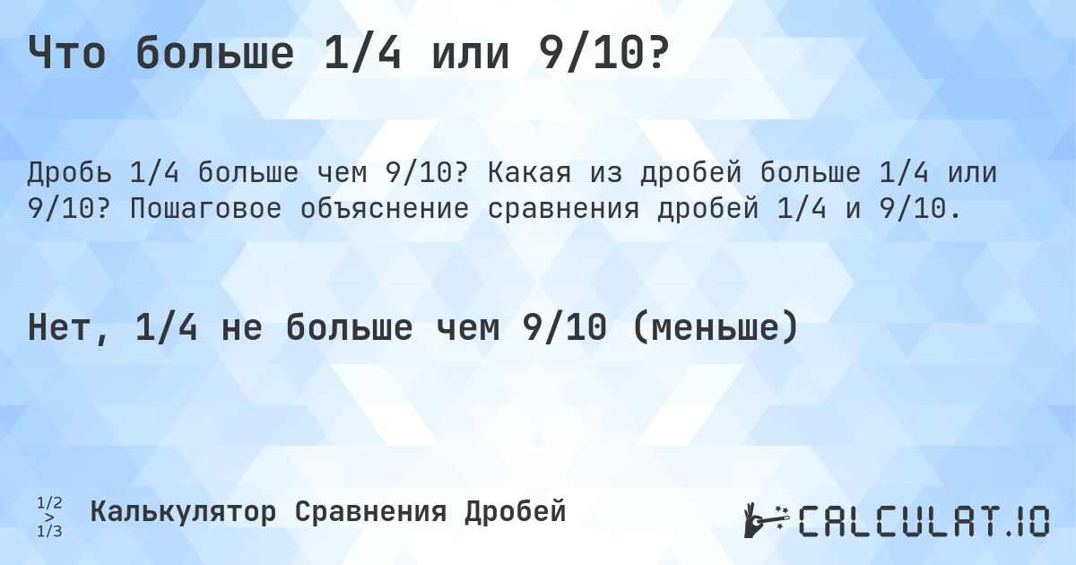 Что больше 1/4 или 9/10?. Какая из дробей больше 1/4 или 9/10? Пошаговое объяснение сравнения дробей 1/4 и 9/10.