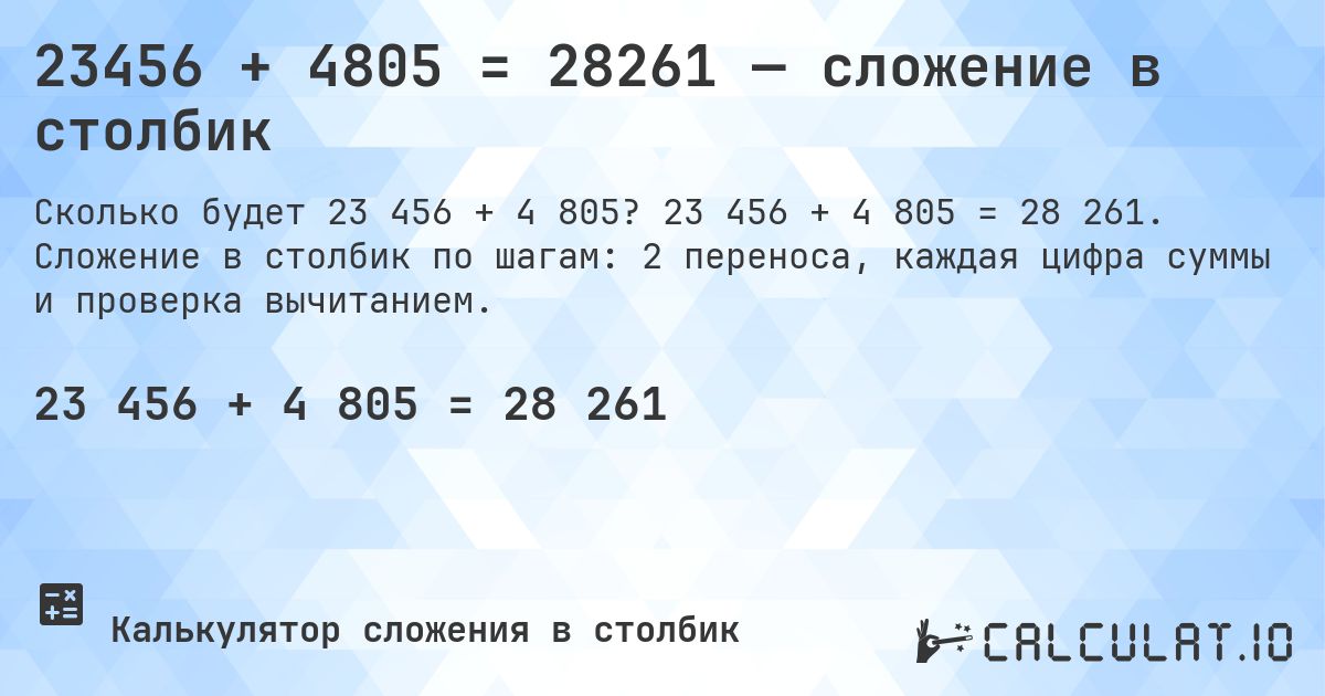 23456 + 4805 = 28261 — сложение в столбик. 23 456 + 4 805 = 28 261. Сложение в столбик по шагам: 2 переноса, каждая цифра суммы и проверка вычитанием.
