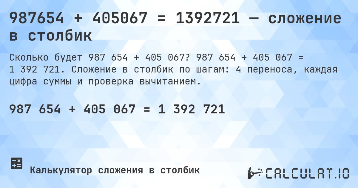 987654 + 405067 = 1392721 — сложение в столбик. 987 654 + 405 067 = 1 392 721. Сложение в столбик по шагам: 4 переноса, каждая цифра суммы и проверка вычитанием.