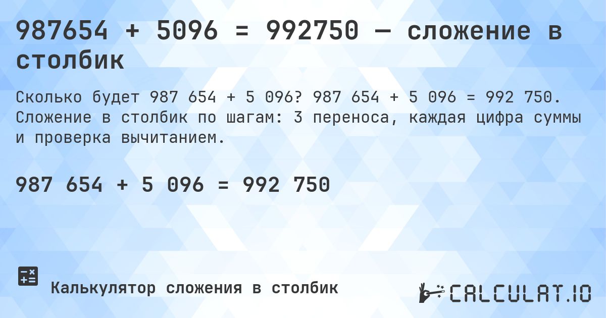 987654 + 5096 = 992750 — сложение в столбик. 987 654 + 5 096 = 992 750. Сложение в столбик по шагам: 3 переноса, каждая цифра суммы и проверка вычитанием.