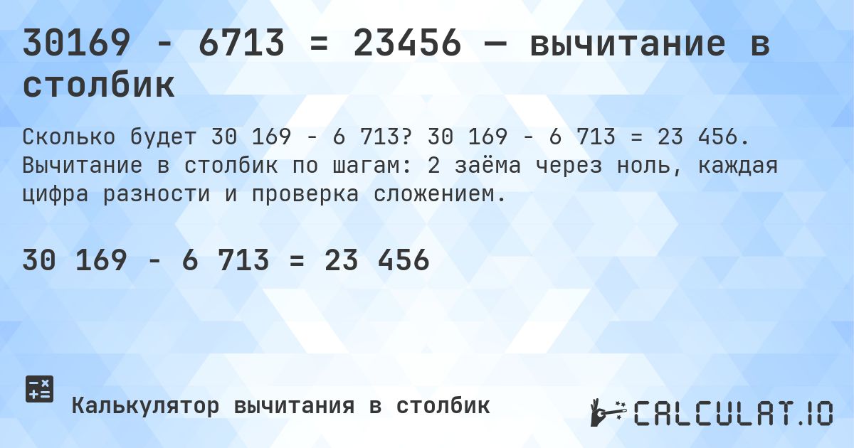 30169 − 6713 = 23456 — вычитание в столбик. 30 169 − 6 713 = 23 456. Вычитание в столбик по шагам: 2 заёма через ноль, каждая цифра разности и проверка сложением.
