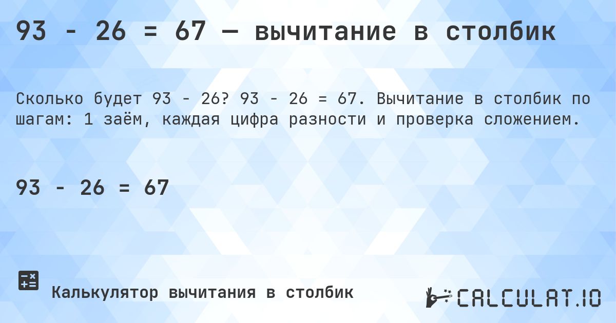 93 − 26 = 67 — вычитание в столбик. 93 − 26 = 67. Вычитание в столбик по шагам: 1 заём, каждая цифра разности и проверка сложением.