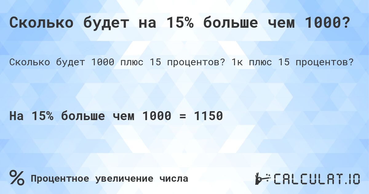 Сколько будет на 15% больше чем 1000?. 1к плюс 15 процентов?