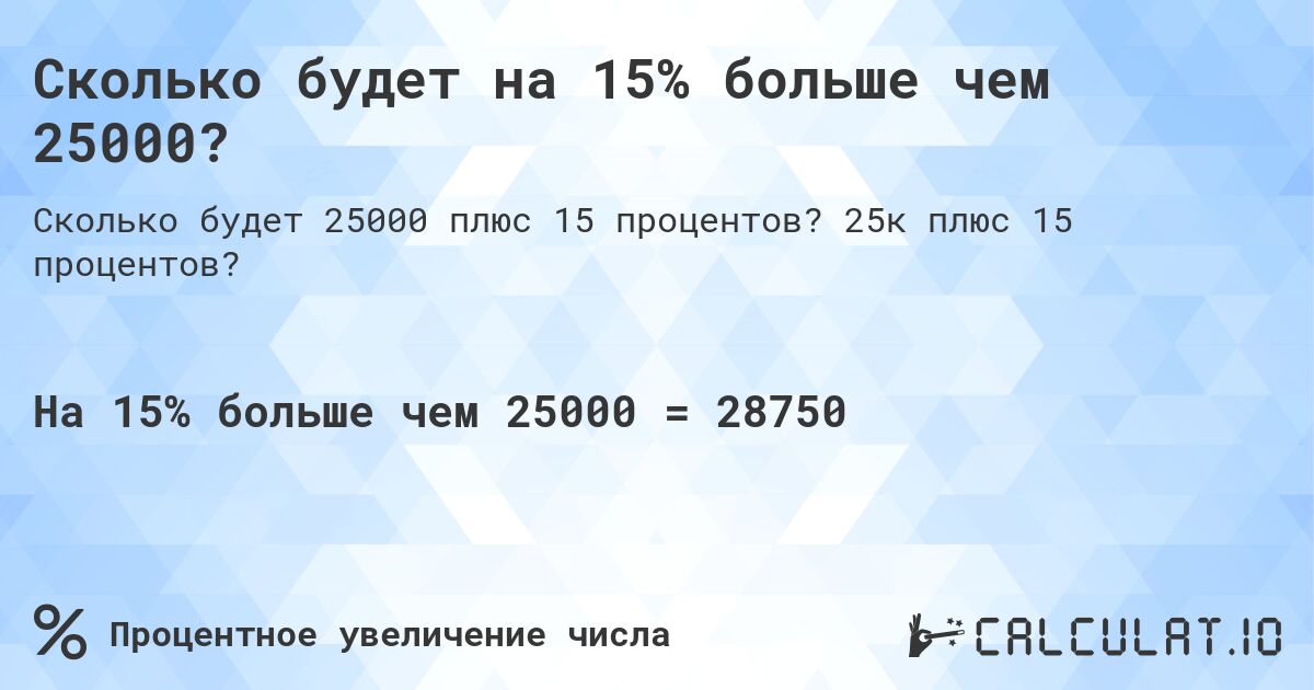 Сколько будет на 15% больше чем 25000?. 25к плюс 15 процентов?