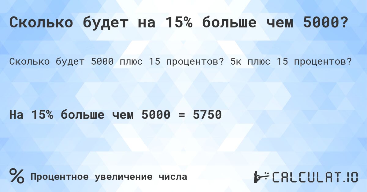 Сколько будет на 15% больше чем 5000?. 5к плюс 15 процентов?