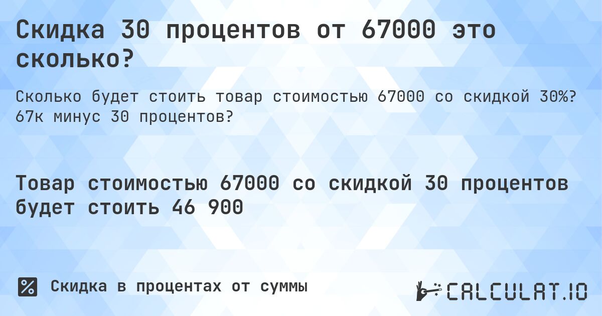 Скидка 30 процентов от 67000 это сколько?. 67к минус 30 процентов?