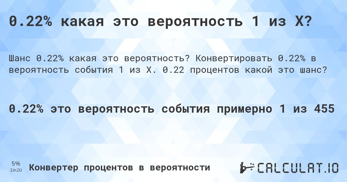 0.22% какая это вероятность 1 из X?. Конвертировать 0.22% в вероятность события 1 из X. 0.22 процентов какой это шанс?