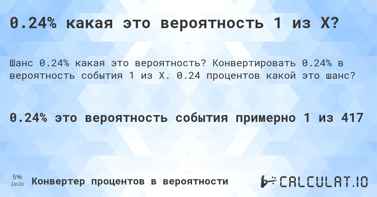 0.24% какая это вероятность 1 из X?. Конвертировать 0.24% в вероятность события 1 из X. 0.24 процентов какой это шанс?