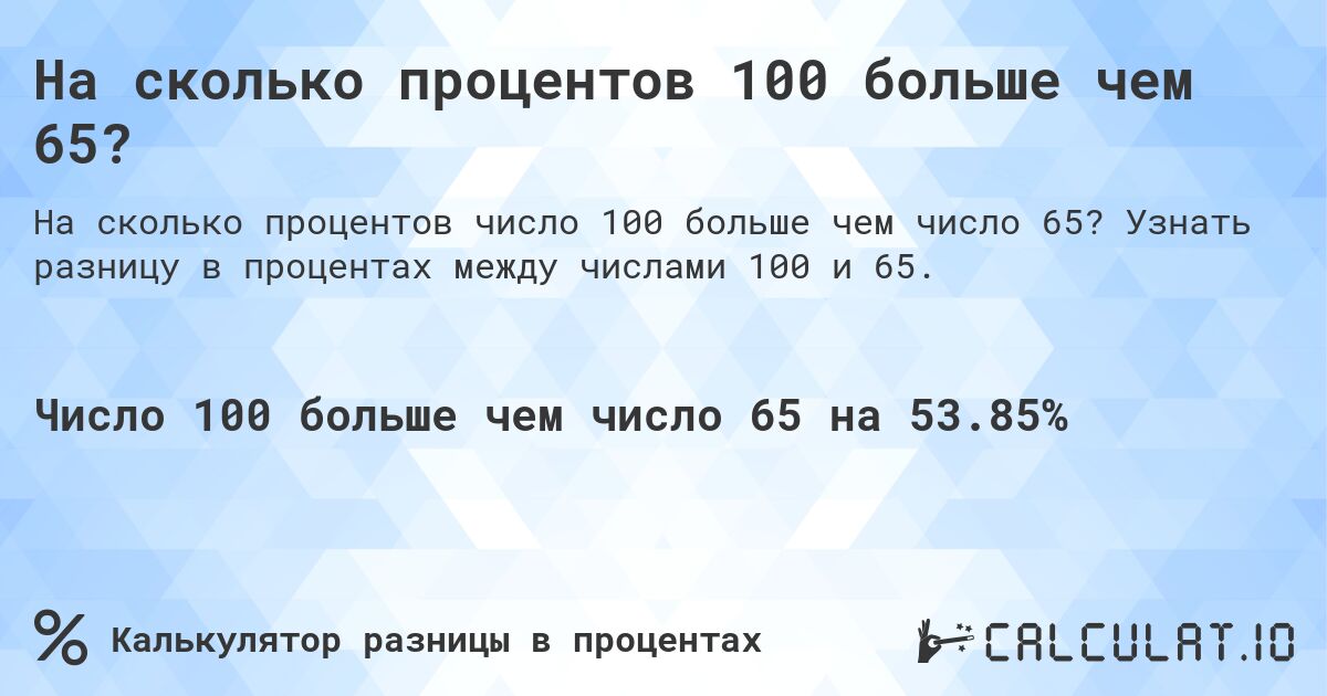 На сколько процентов 100 больше чем 65?. Узнать разницу в процентах между числами 100 и 65.