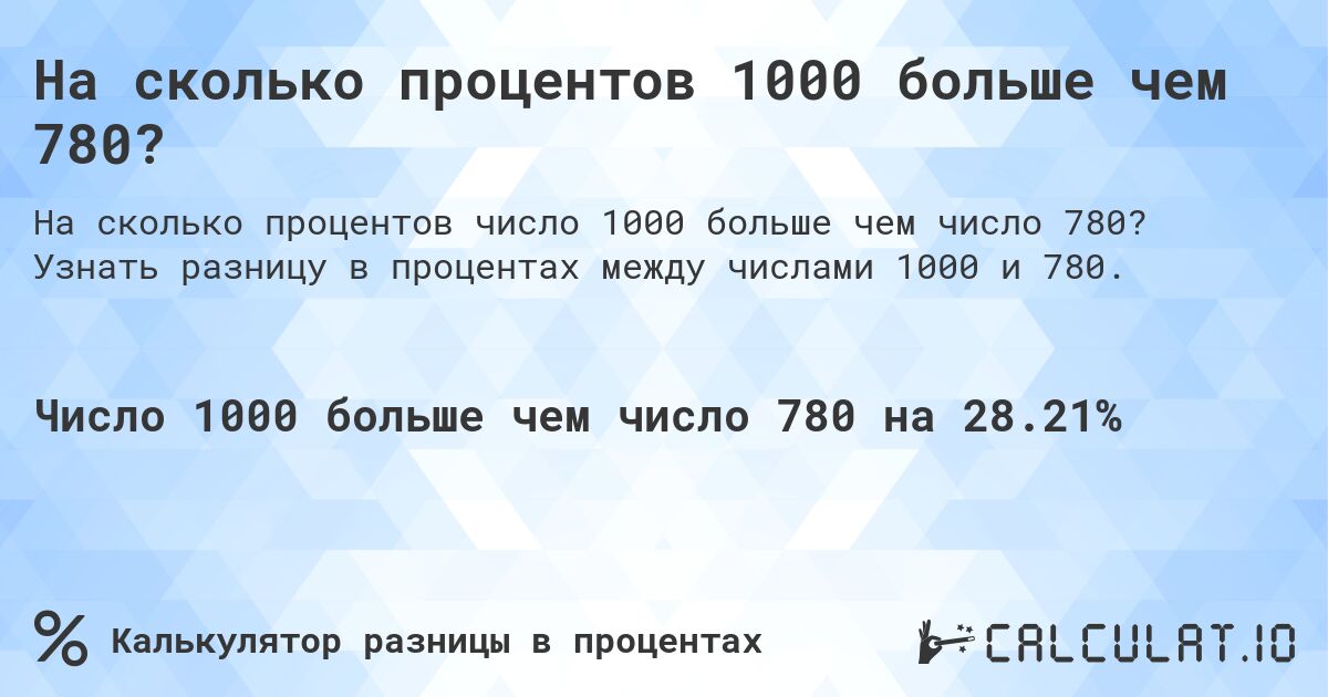 На сколько процентов 1000 больше чем 780?. Узнать разницу в процентах между числами 1000 и 780.
