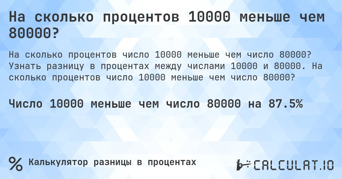 На сколько процентов 10000 меньше чем 80000?. Узнать разницу в процентах между числами 10000 и 80000. На сколько процентов число 10000 меньше чем число 80000?