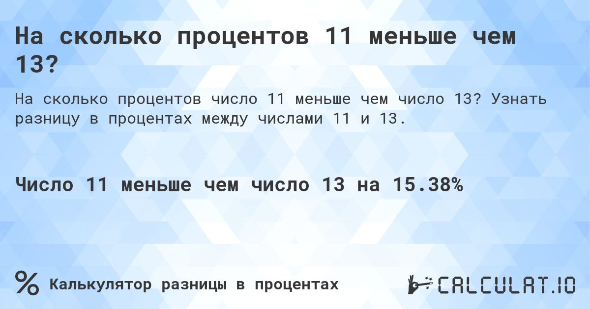 На сколько процентов 11 меньше чем 13?. Узнать разницу в процентах между числами 11 и 13.