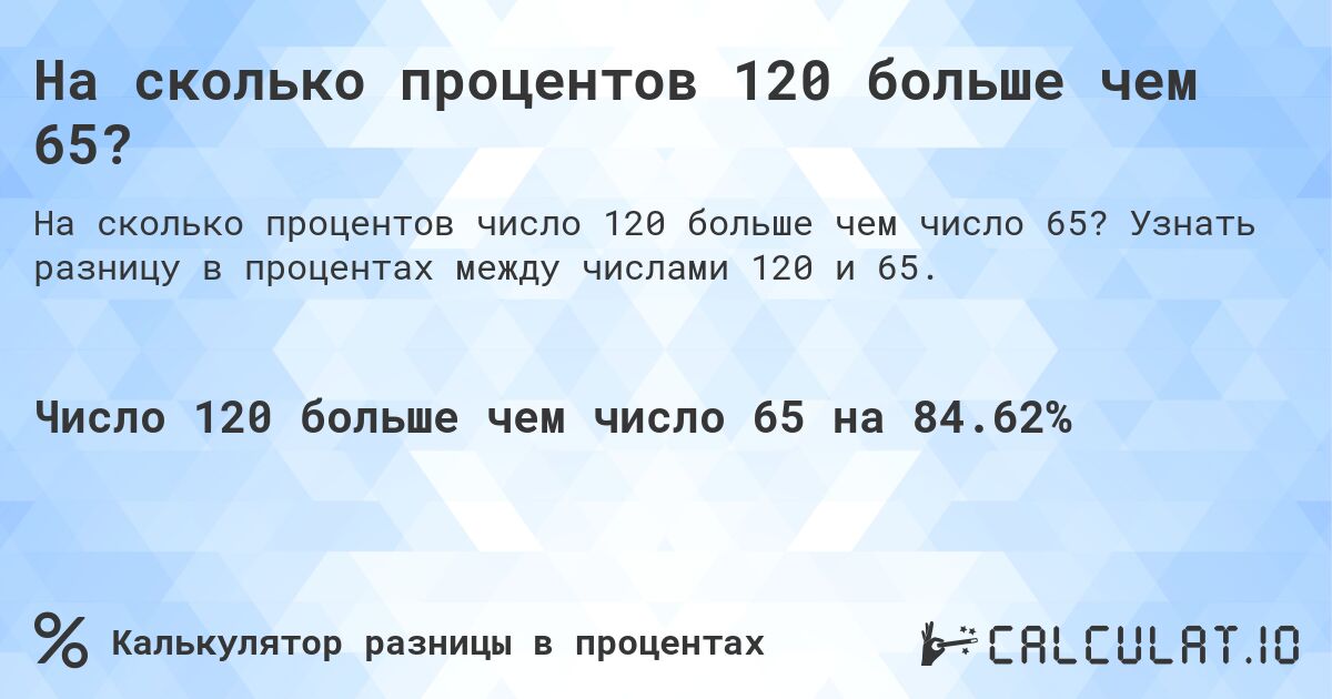 На сколько процентов 120 больше чем 65?. Узнать разницу в процентах между числами 120 и 65.