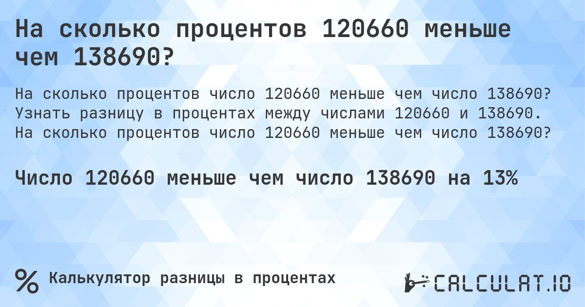 На сколько процентов 120660 меньше чем 138690?. Узнать разницу в процентах между числами 120660 и 138690. На сколько процентов число 120660 меньше чем число 138690?