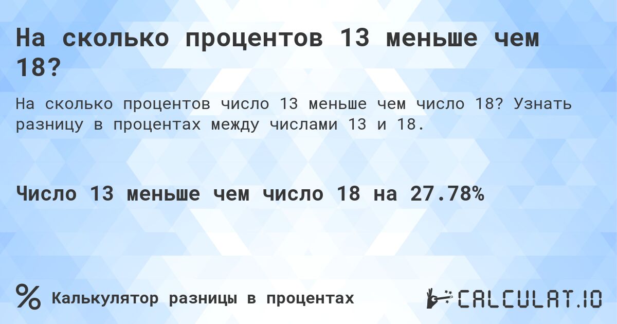 На сколько процентов 13 меньше чем 18?. Узнать разницу в процентах между числами 13 и 18.