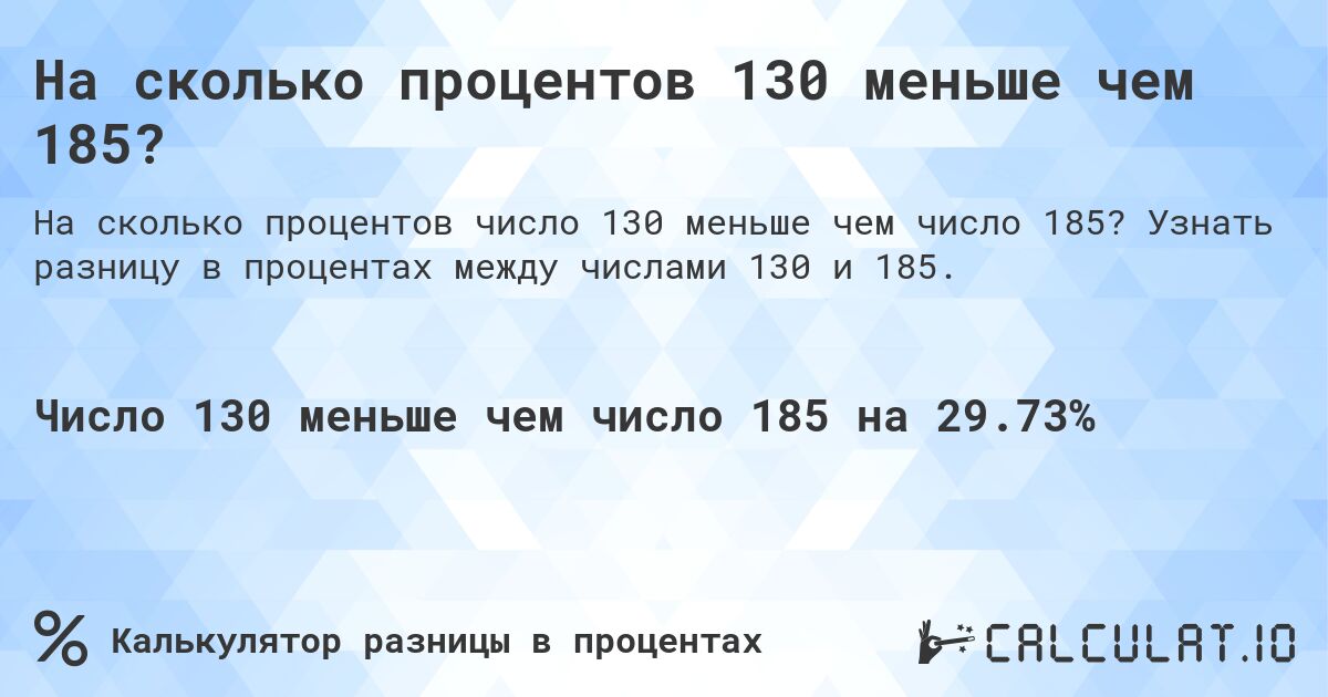 На сколько процентов 130 меньше чем 185?. Узнать разницу в процентах между числами 130 и 185.