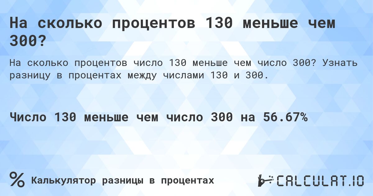 На сколько процентов 130 меньше чем 300?. Узнать разницу в процентах между числами 130 и 300.