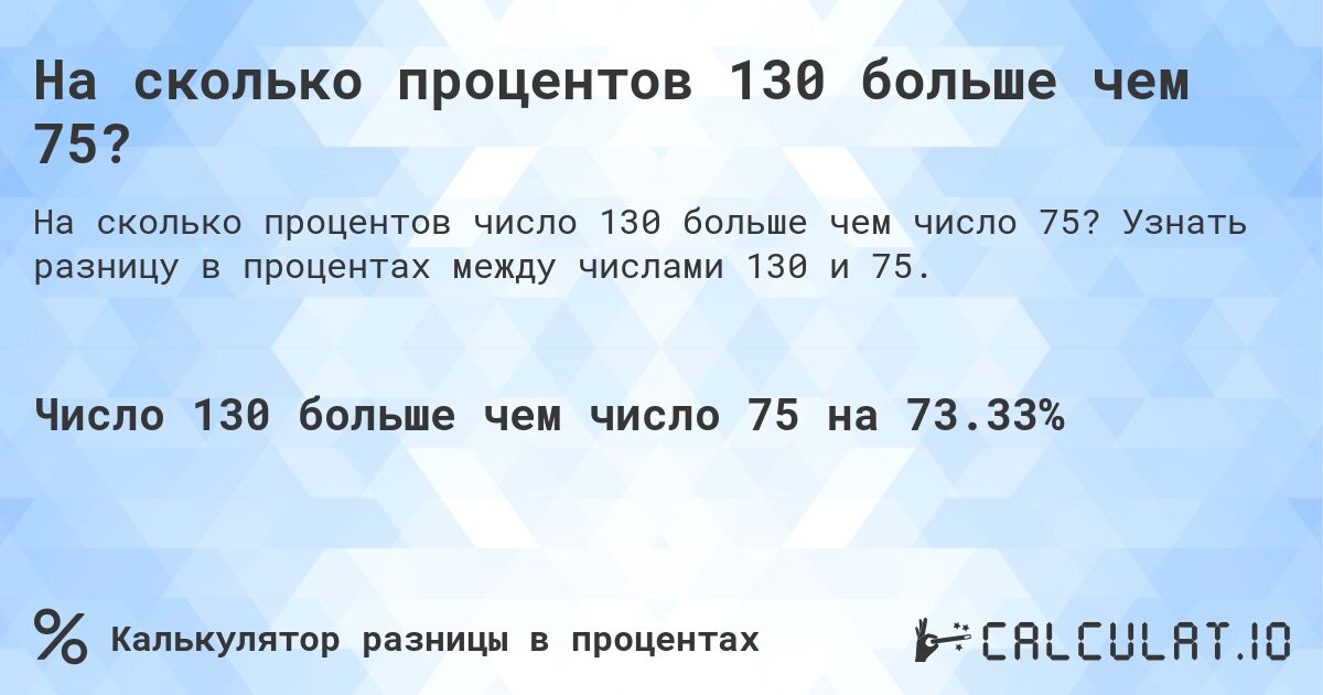 На сколько процентов 130 больше чем 75?. Узнать разницу в процентах между числами 130 и 75.
