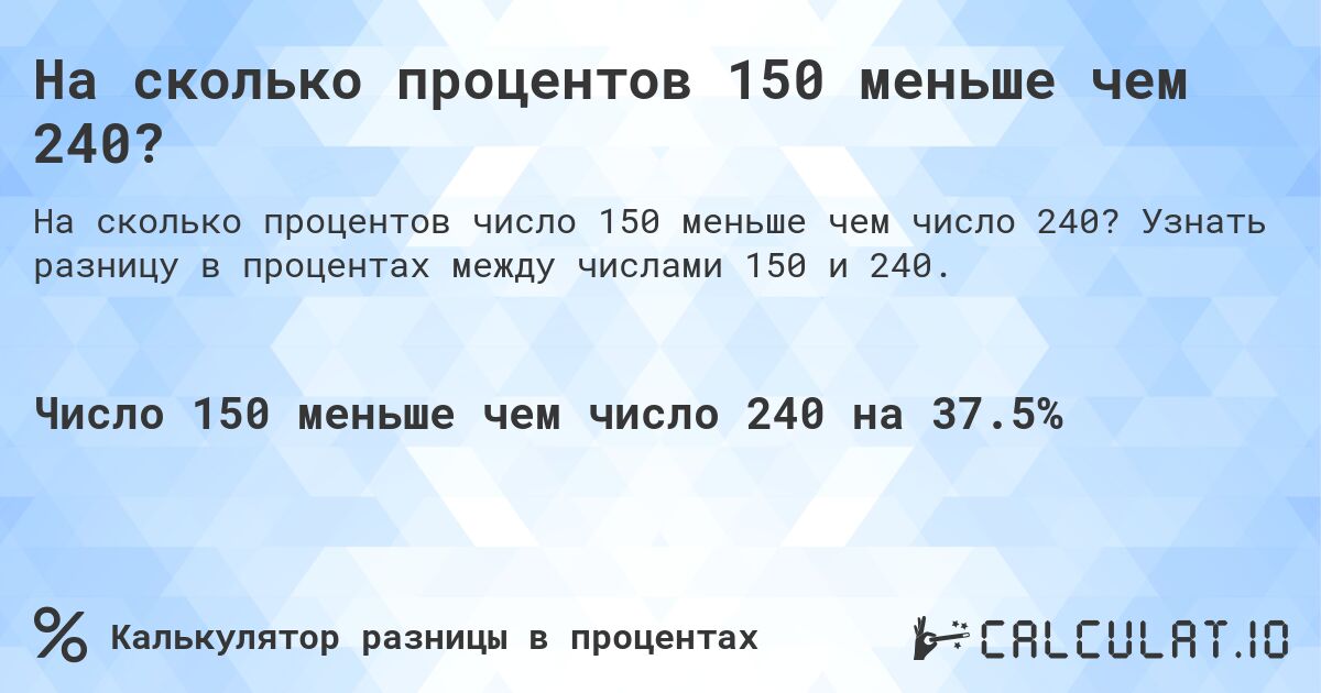 На сколько процентов 150 меньше чем 240?. Узнать разницу в процентах между числами 150 и 240.