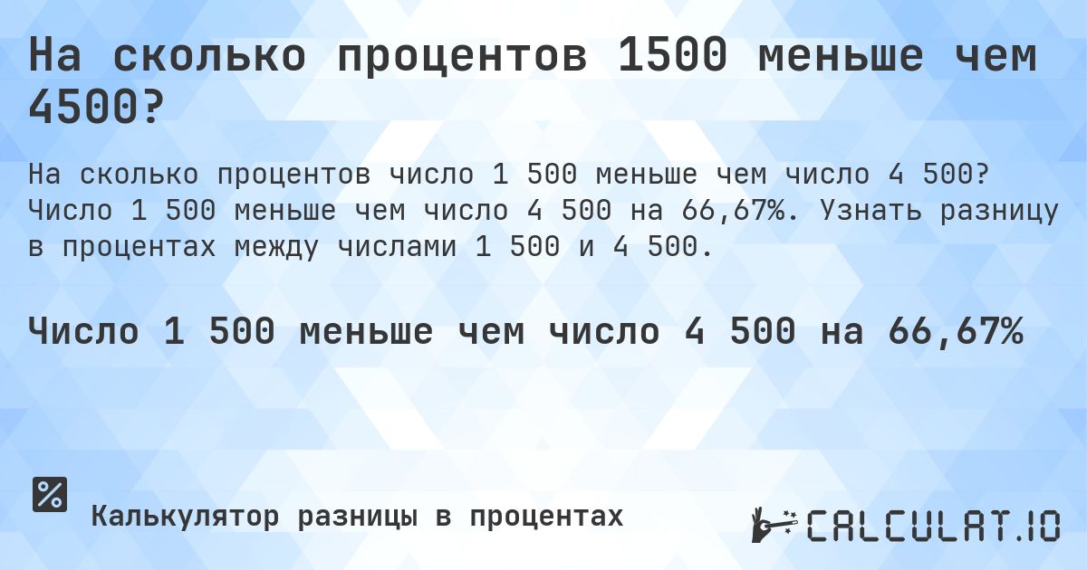 На сколько процентов 1500 меньше чем 4500?. Число 1 500 меньше чем число 4 500 на 66,67%. Узнать разницу в процентах между числами 1 500 и 4 500.