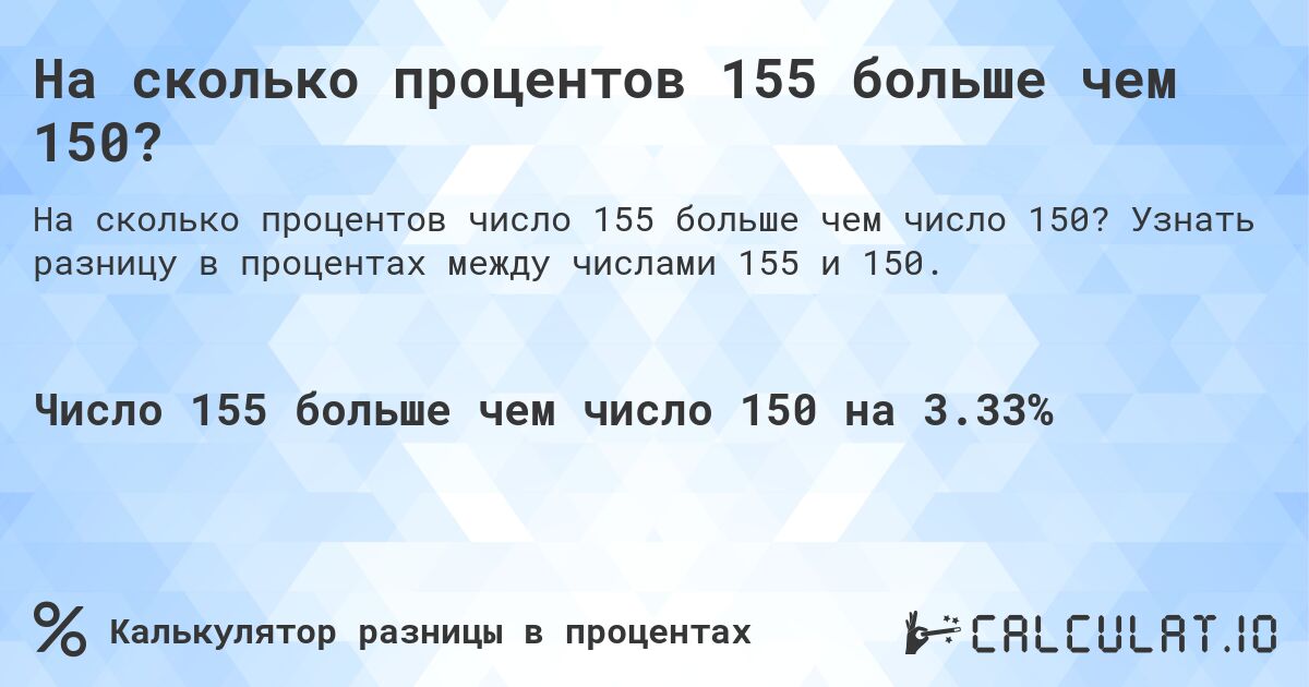На сколько процентов 155 больше чем 150?. Узнать разницу в процентах между числами 155 и 150.