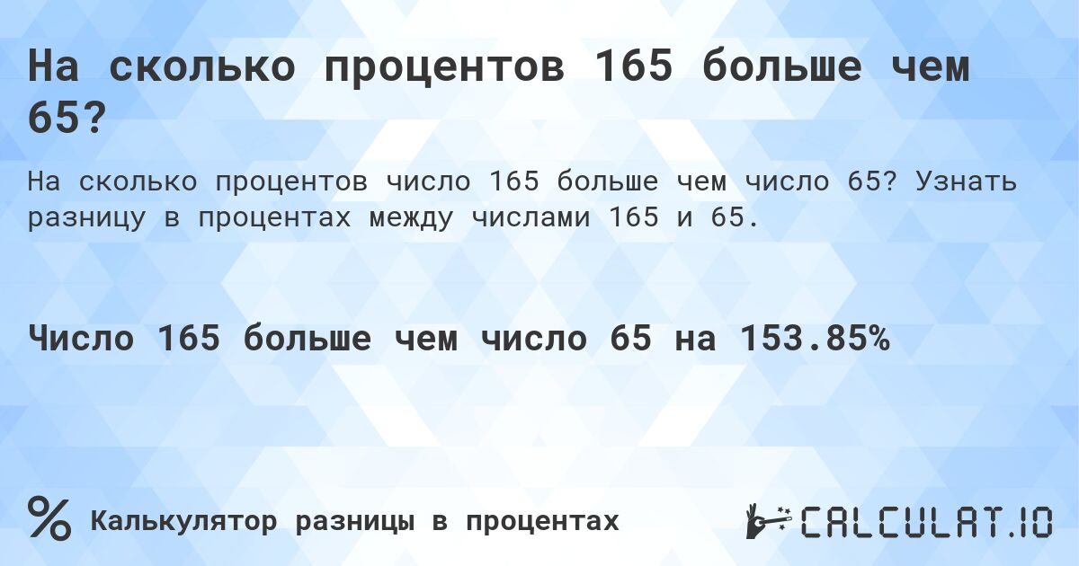 На сколько процентов 165 больше чем 65?. Узнать разницу в процентах между числами 165 и 65.