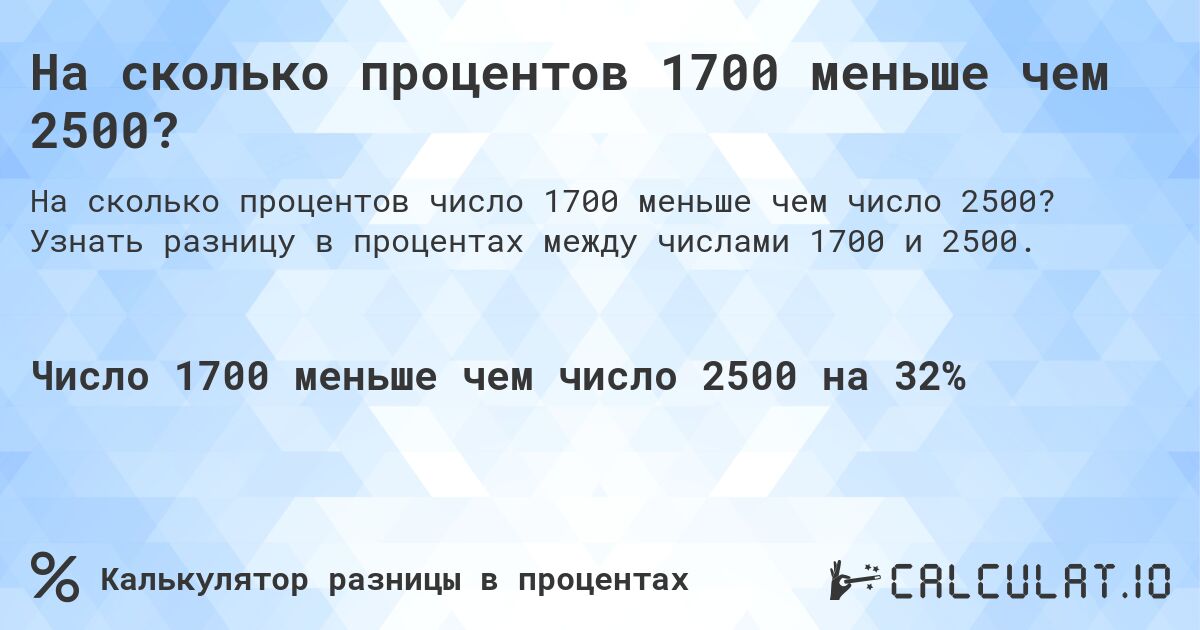 На сколько процентов 1700 меньше чем 2500?. Узнать разницу в процентах между числами 1700 и 2500.