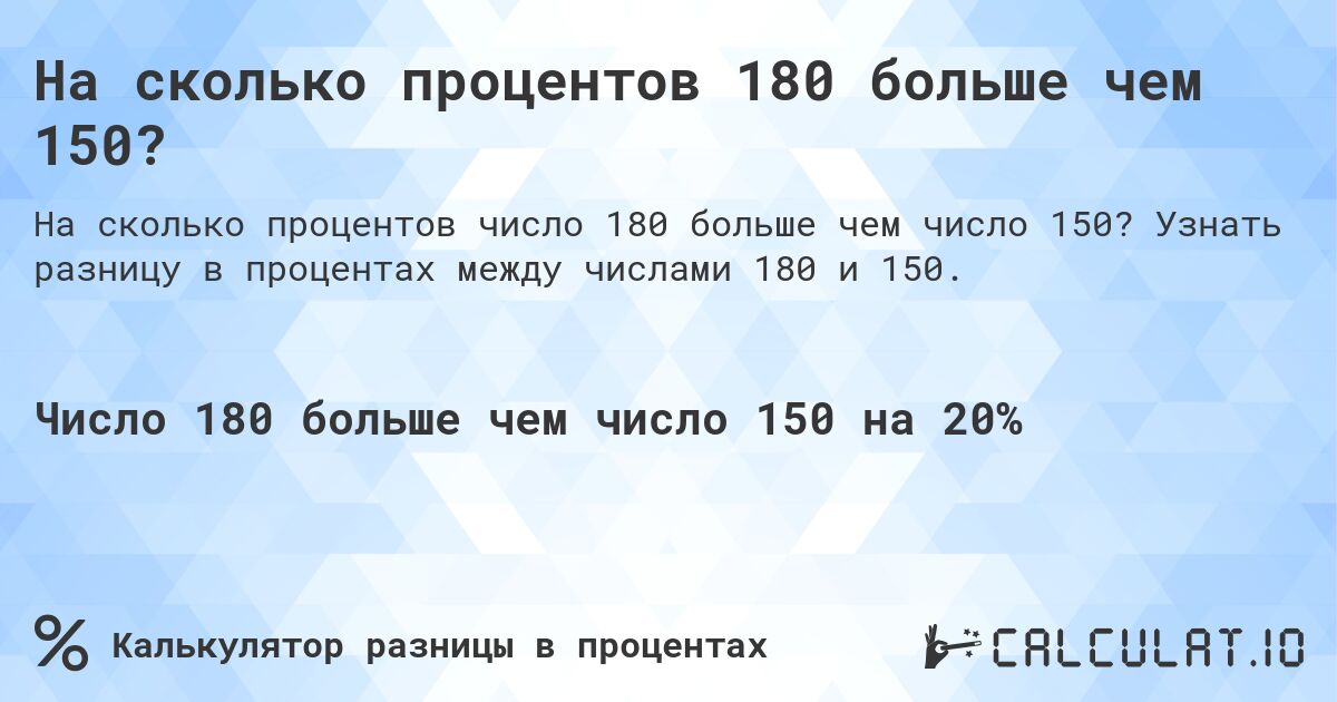 На сколько процентов 180 больше чем 150?. Узнать разницу в процентах между числами 180 и 150.