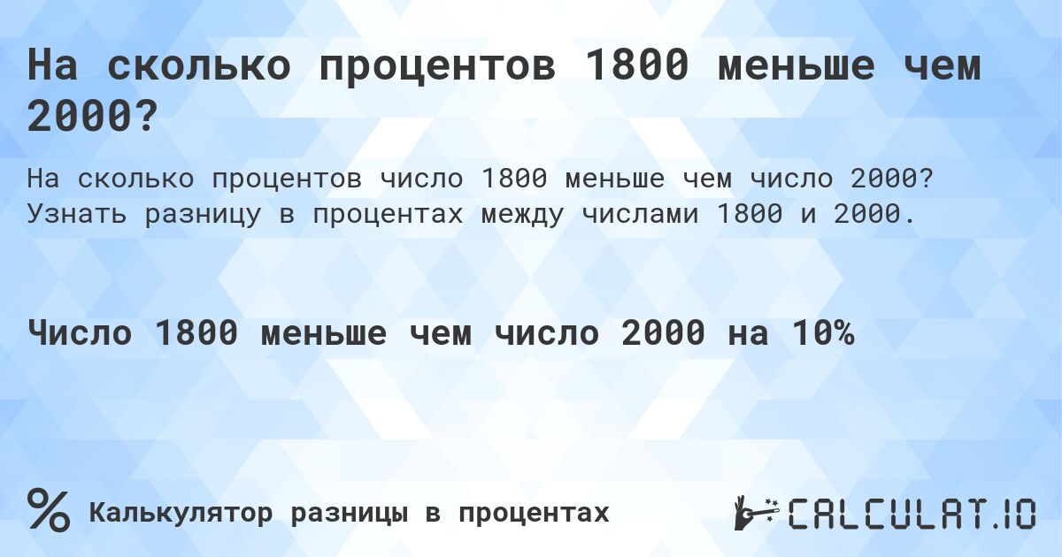 На сколько процентов 1800 меньше чем 2000?. Узнать разницу в процентах между числами 1800 и 2000.