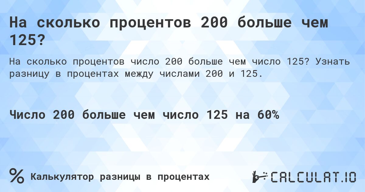 На сколько процентов 200 больше чем 125?. Узнать разницу в процентах между числами 200 и 125.