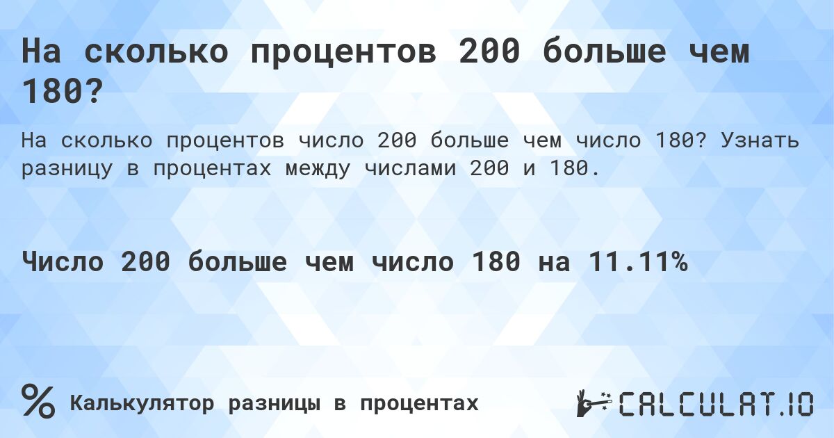 На сколько процентов 200 больше чем 180?. Узнать разницу в процентах между числами 200 и 180.