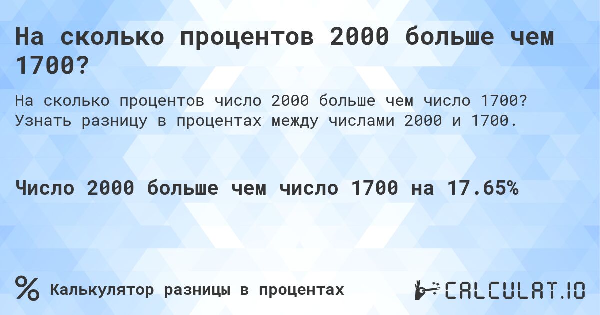 На сколько процентов 2000 больше чем 1700?. Узнать разницу в процентах между числами 2000 и 1700.