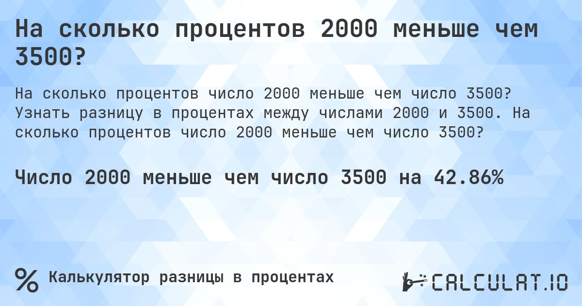 На сколько процентов 2000 меньше чем 3500?. Узнать разницу в процентах между числами 2000 и 3500. На сколько процентов число 2000 меньше чем число 3500?