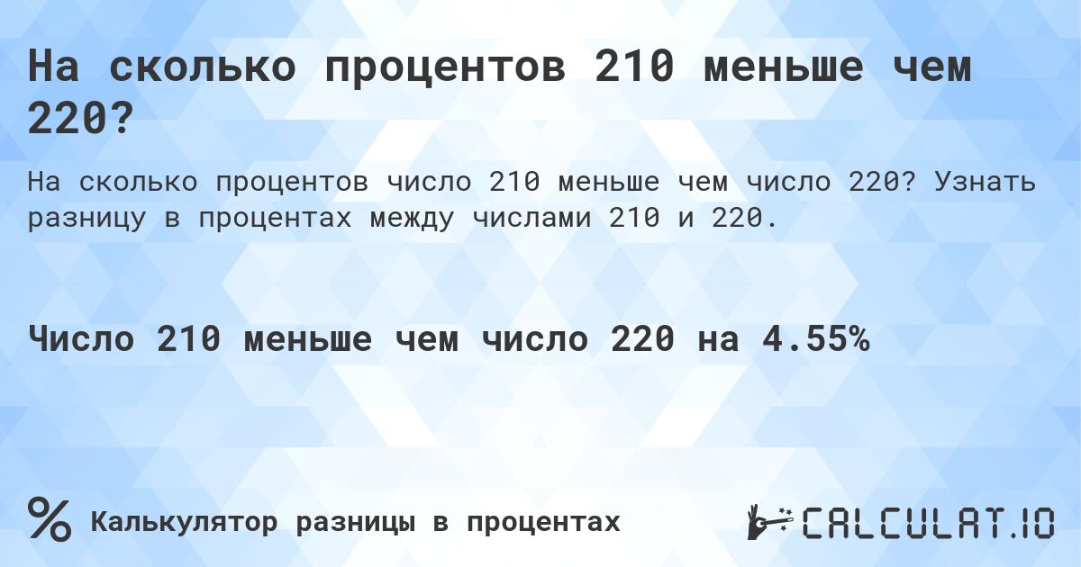 На сколько процентов 210 меньше чем 220?. Узнать разницу в процентах между числами 210 и 220.