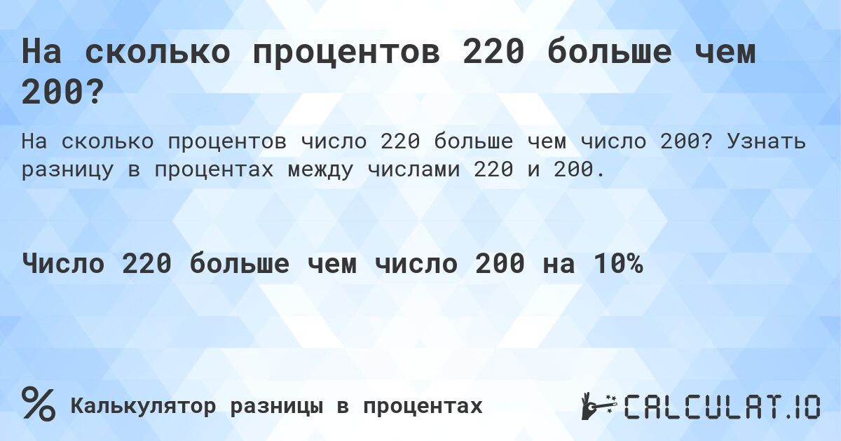 На сколько процентов 220 больше чем 200?. Узнать разницу в процентах между числами 220 и 200.