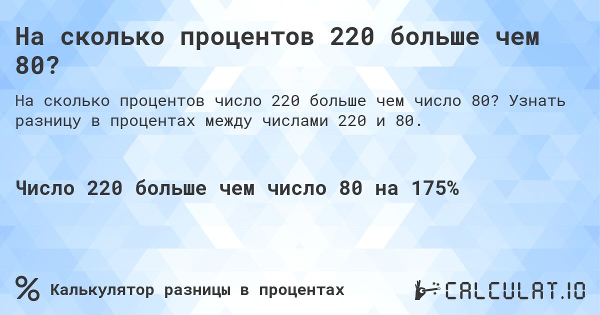 На сколько процентов 220 больше чем 80?. Узнать разницу в процентах между числами 220 и 80.