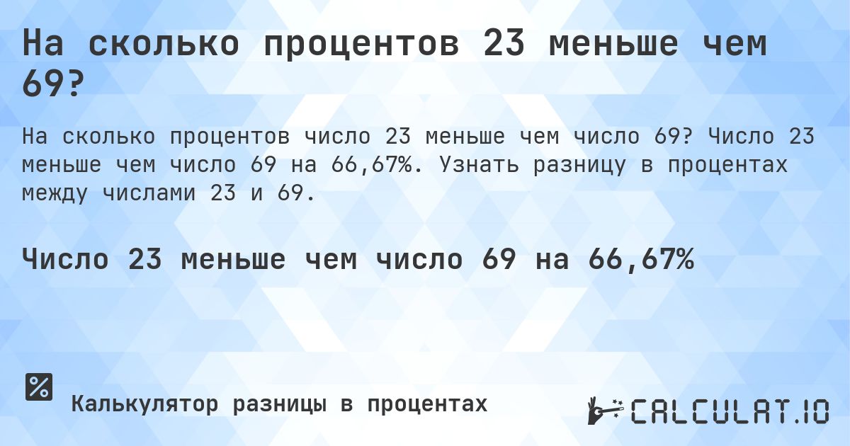 На сколько процентов 23 меньше чем 69?. Число 23 меньше чем число 69 на 66,67%. Узнать разницу в процентах между числами 23 и 69.