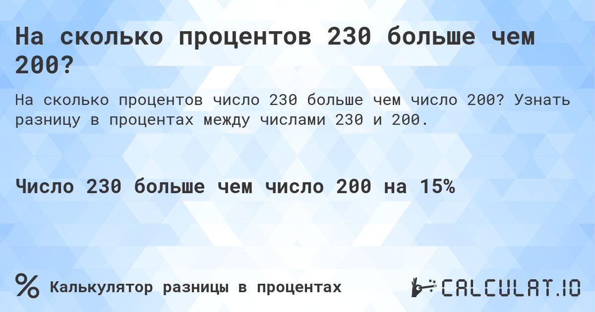 На сколько процентов 230 больше чем 200?. Узнать разницу в процентах между числами 230 и 200.