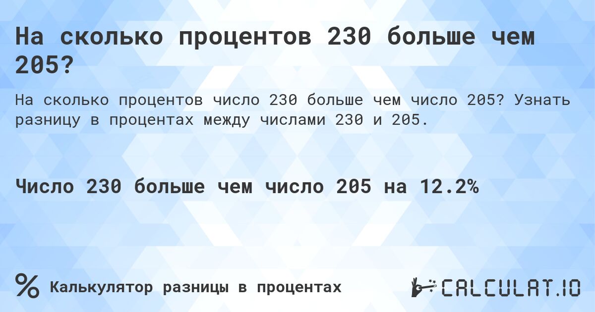 На сколько процентов 230 больше чем 205?. Узнать разницу в процентах между числами 230 и 205.
