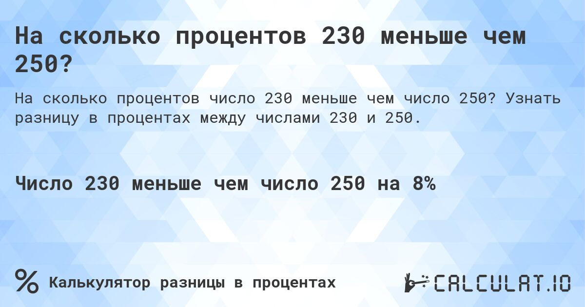 На сколько процентов 230 меньше чем 250?. Узнать разницу в процентах между числами 230 и 250.