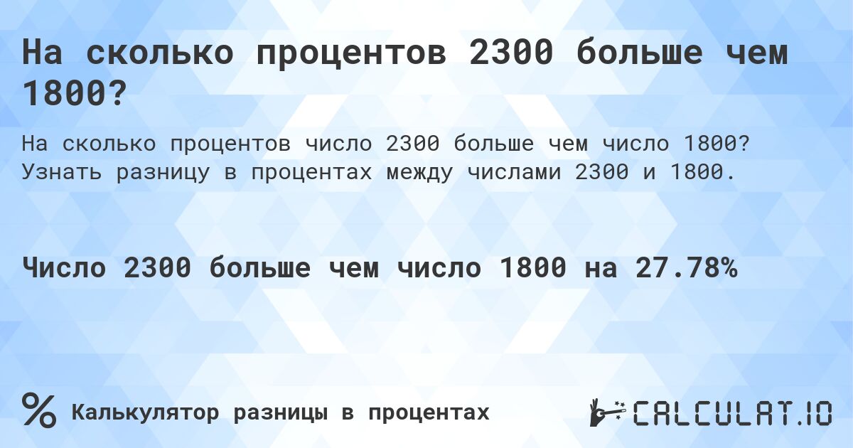 На сколько процентов 2300 больше чем 1800?. Узнать разницу в процентах между числами 2300 и 1800.