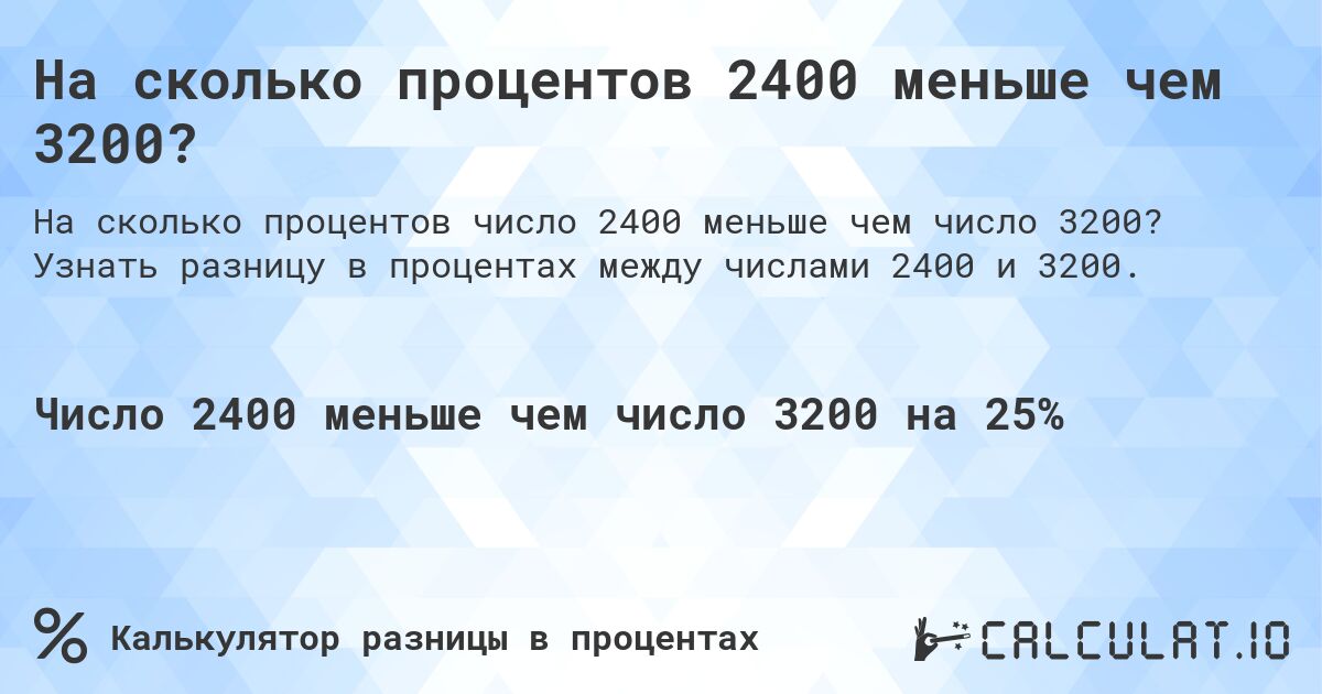 На сколько процентов 2400 меньше чем 3200?. Узнать разницу в процентах между числами 2400 и 3200.