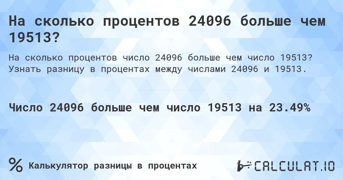 На сколько процентов 24096 больше чем 19513?. Узнать разницу в процентах между числами 24096 и 19513.