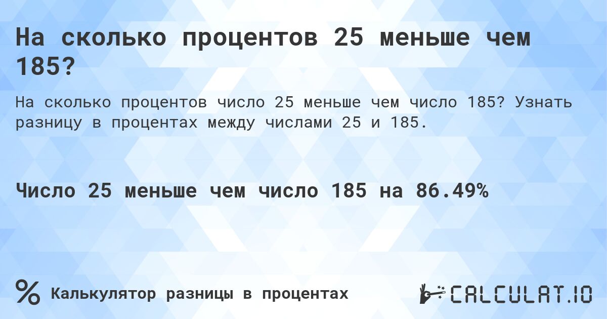 На сколько процентов 25 меньше чем 185?. Узнать разницу в процентах между числами 25 и 185.