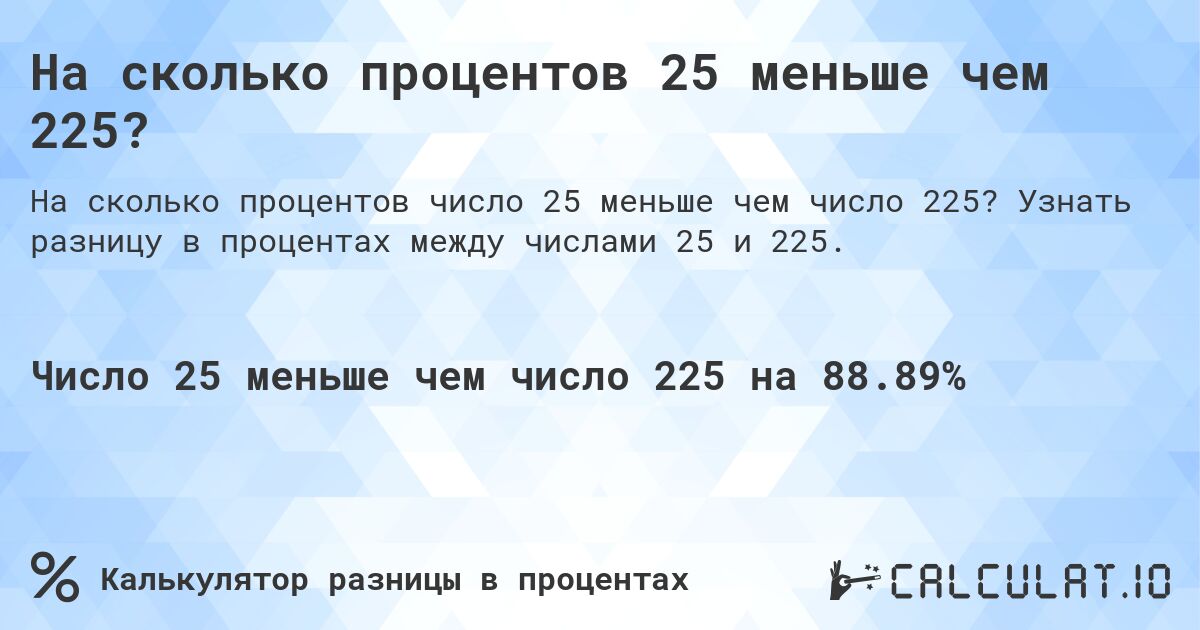 На сколько процентов 25 меньше чем 225?. Узнать разницу в процентах между числами 25 и 225.