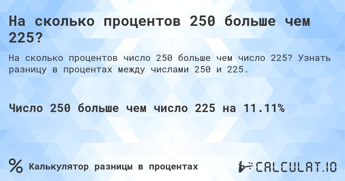 На сколько процентов 250 больше чем 225?. Узнать разницу в процентах между числами 250 и 225.