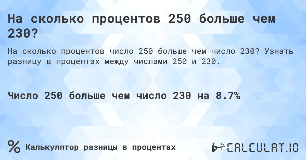 На сколько процентов 250 больше чем 230?. Узнать разницу в процентах между числами 250 и 230.