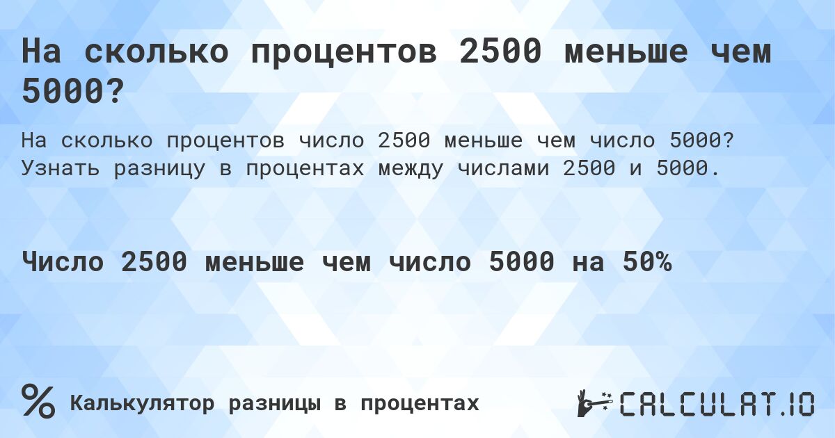 На сколько процентов 2500 меньше чем 5000?. Узнать разницу в процентах между числами 2500 и 5000.