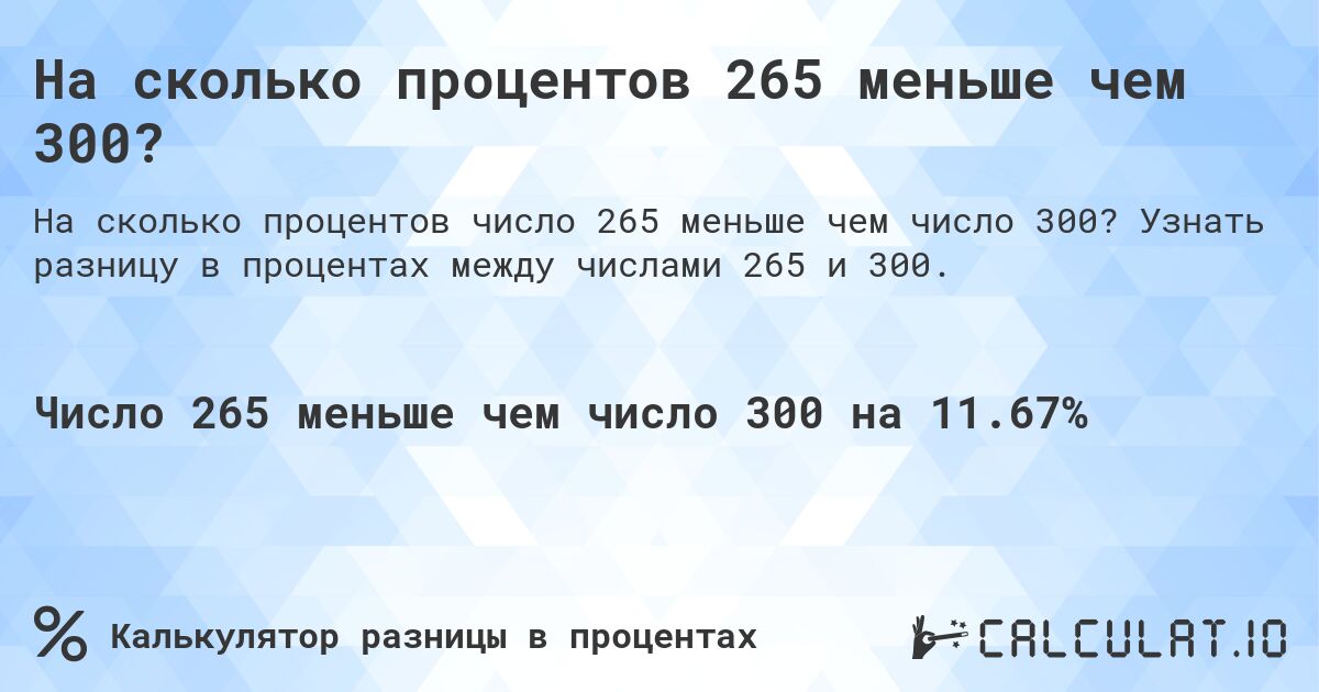 На сколько процентов 265 меньше чем 300?. Узнать разницу в процентах между числами 265 и 300.