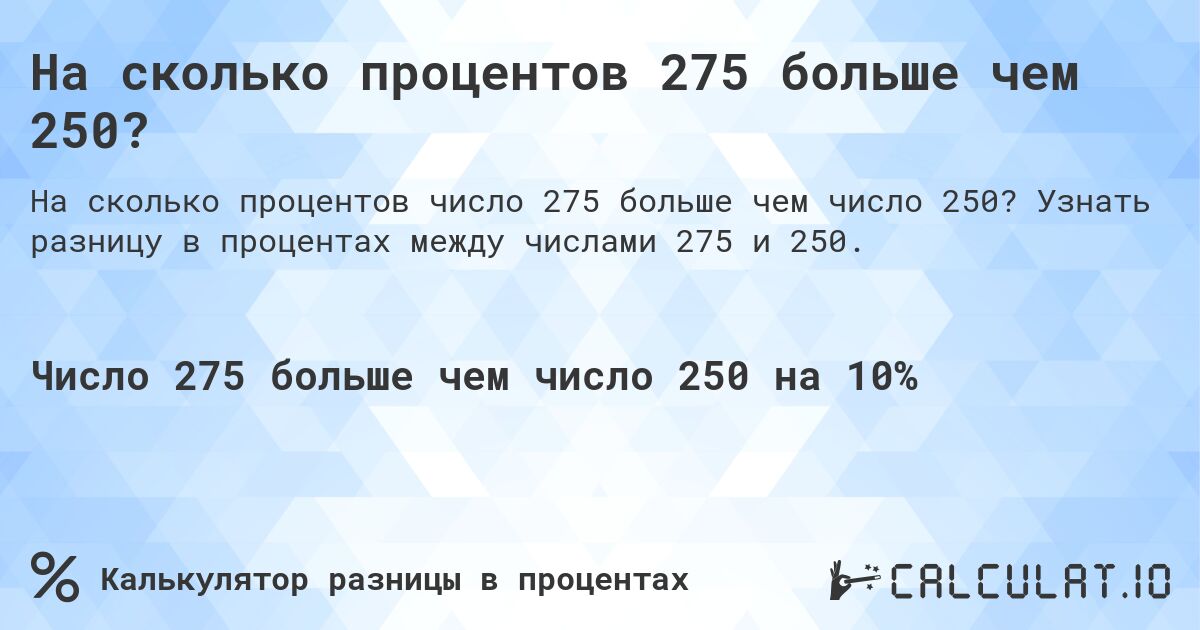 На сколько процентов 275 больше чем 250?. Узнать разницу в процентах между числами 275 и 250.